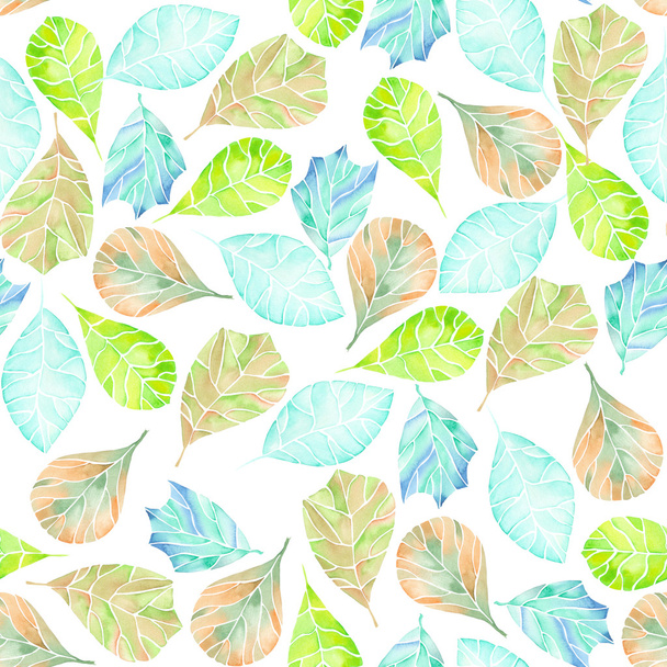 Бесшовный рисунок с абстрактными зелеными, коричневыми и голубыми листьями, окрашенными в акварель на белом фоне
 - Фото, изображение