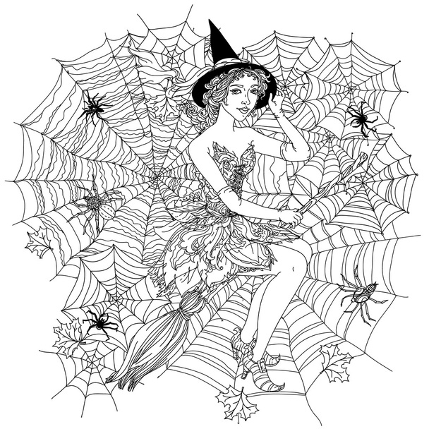 μάγισσα με ιστούς αράχνης σχεδιασμού - Διάνυσμα, εικόνα