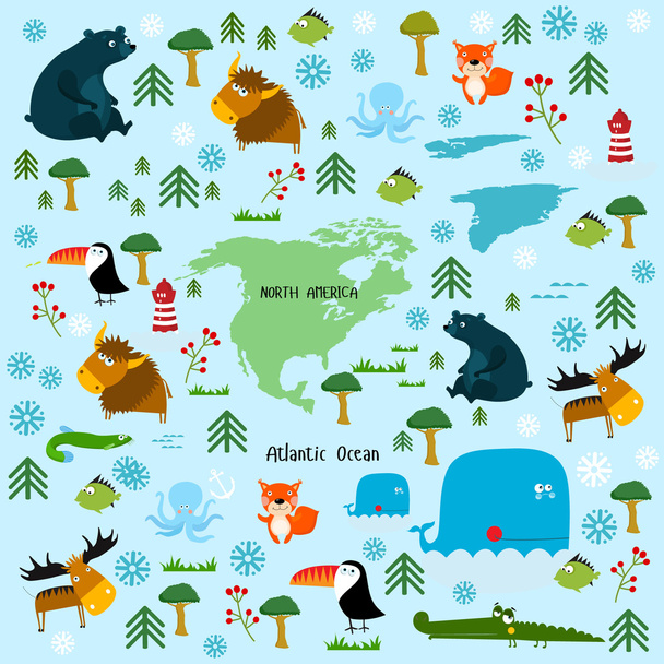 Северная Америка континент с животными
 - Вектор,изображение