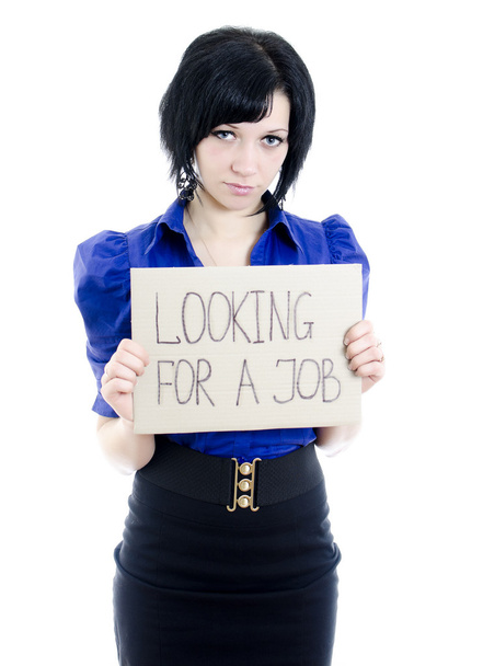 Mujer desempleada con cartón buscando trabajo. Aislado sobre blanco
. - Foto, imagen
