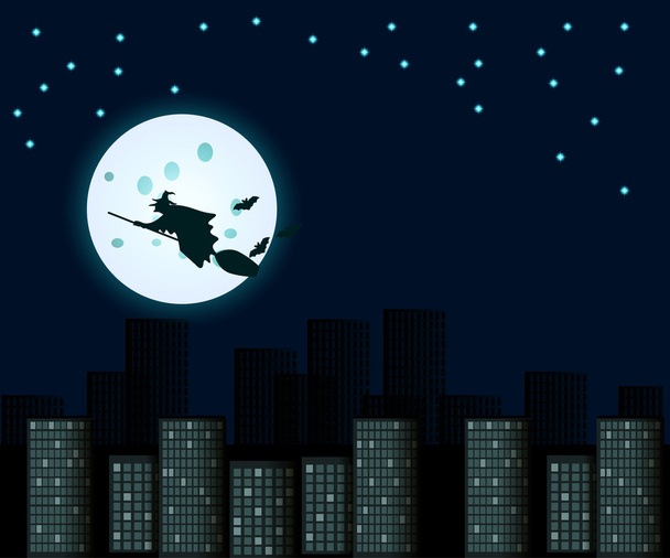 The witch flying on a broom on background of the moon over the city in the dark night. Halloween. Vector illustration. - Vector, Image