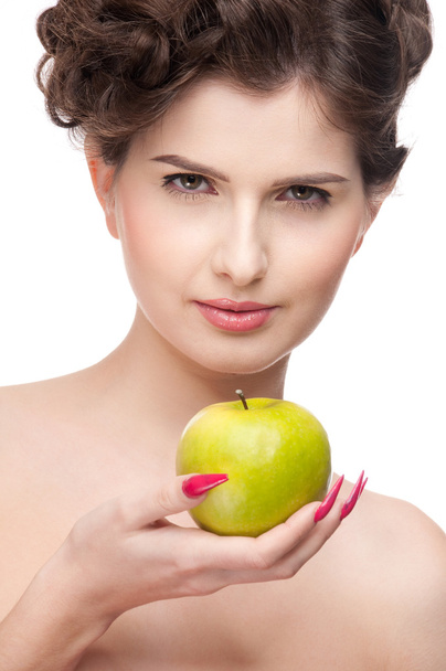 Close up portrait of beauty woman with green apple. - Foto, Imagen
