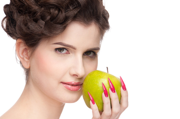 Close up portrait of beauty woman with green apple. - Foto, imagen