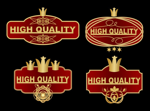 Set van hoge kwaliteitslabel in donker rood en goud ontwerp met grafische sierlijke elementen, koninklijke kroon, sterren. Hoge kwaliteit vintage stickers in vector EPS-10 - Vector, afbeelding