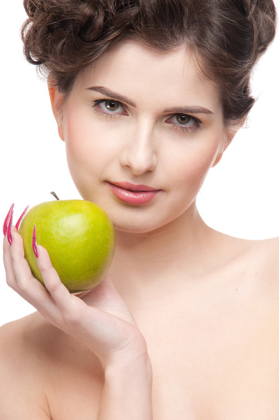Close up portrait of beauty woman with green apple. - Фото, изображение