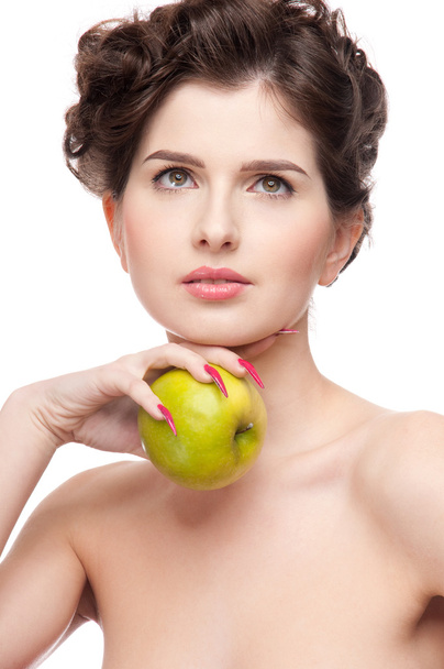 Close up portrait of beauty woman with green apple. - Фото, зображення