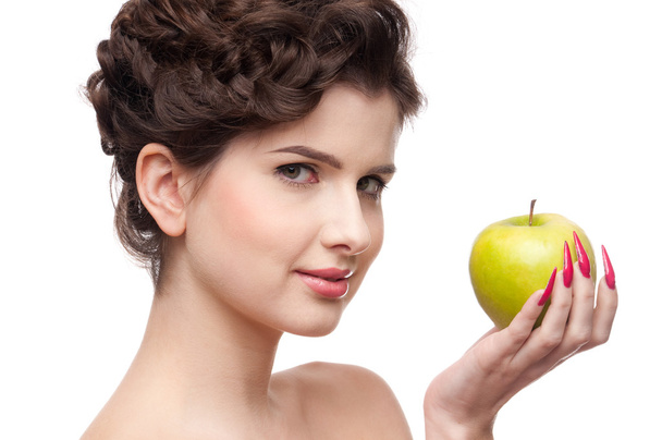 Close up portrait of beauty woman with green apple. - Фото, зображення