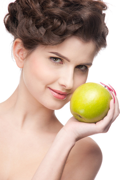 Close up portrait of beauty woman with green apple. - Foto, imagen