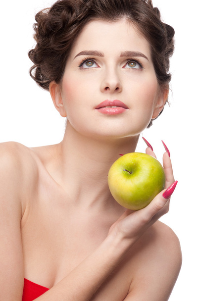 Close up portrait of beauty woman with green apple. - Zdjęcie, obraz