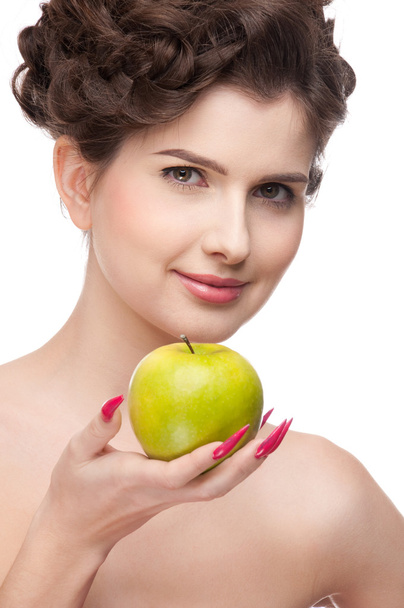 Close up portrait of beauty woman with green apple. - Foto, Imagen