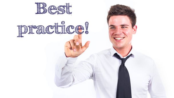 Best practice! - Young smiling businessman touching text - Photo, Image