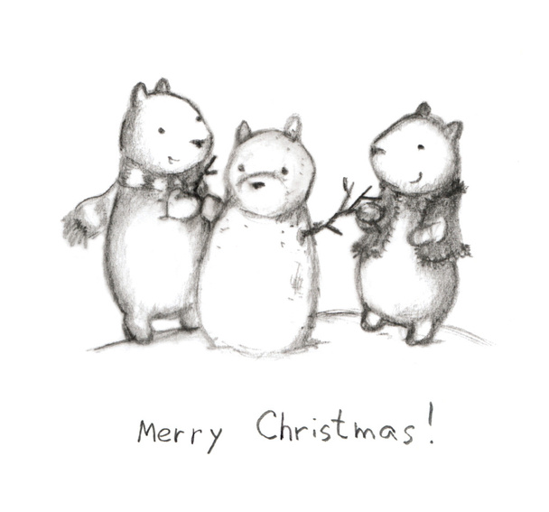 Christmas card with funny bears and snowman - Valokuva, kuva