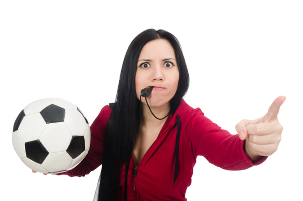 Vrouw met voetbal geïsoleerd op wit - Foto, afbeelding