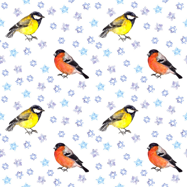 Seasonal seamless texture with birds in snow - Foto, afbeelding