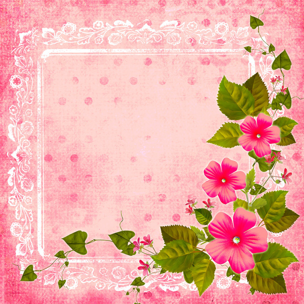 Postcard with an angular composition of flowers on a gentle pink background. - Foto, afbeelding