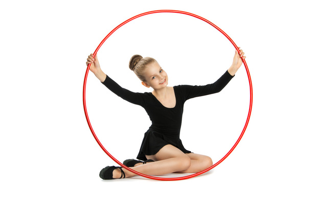 Happy girl gymnast with a hoop - Zdjęcie, obraz