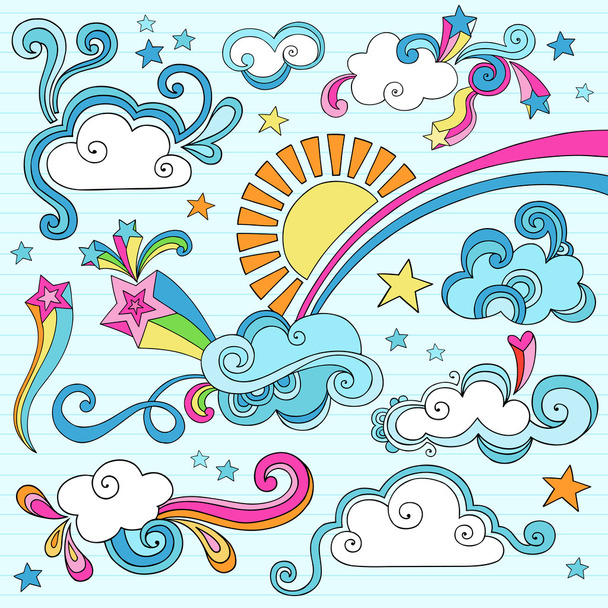 psychedelische groovy wolken sky notebook doodles - Vector, afbeelding