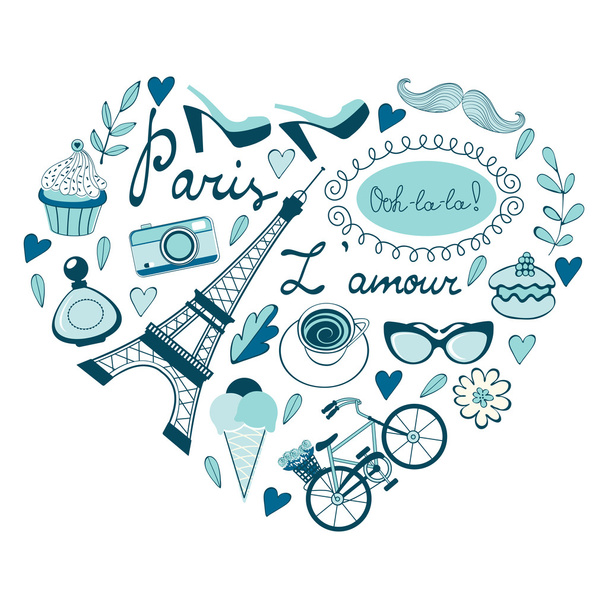 Love for Paris concept card. Paris related icons in heart shape composition - Vektor, Bild