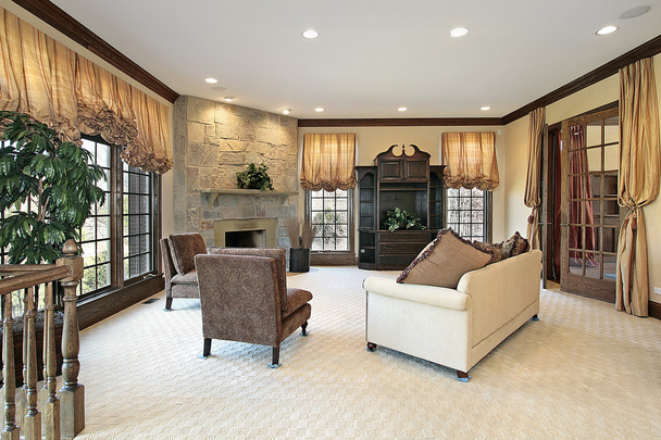 Family room with stone fireplace - Photo, Image