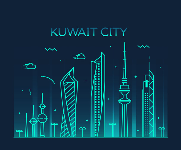 クウェートの都市スカイライン シルエット ベクトルの線形スタイル - ベクター画像