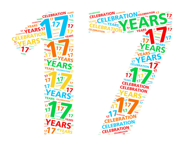 Nube de palabras colorida para celebrar un cumpleaños o aniversario de 17 años
 - Foto, imagen