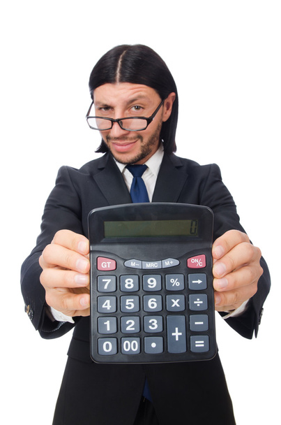 Людина з калькулятором ізольована на білому
 - Фото, зображення