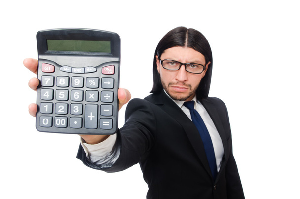 Homme avec calculatrice isolé sur blanc - Photo, image