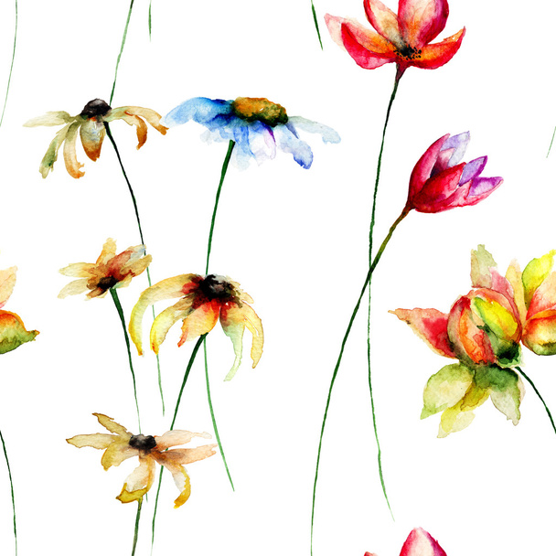 Seamless wallpaper with stylized flowers - Fotoğraf, Görsel