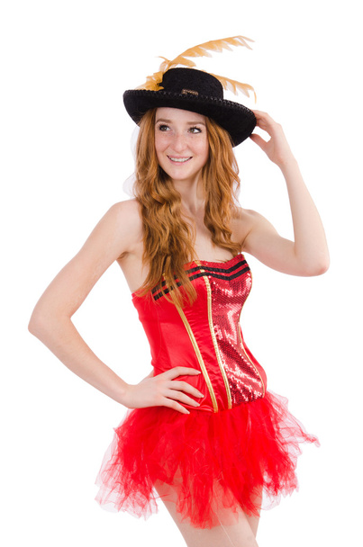 Rood haar meisje in Carnaval kostuum geïsoleerd op wit - Foto, afbeelding