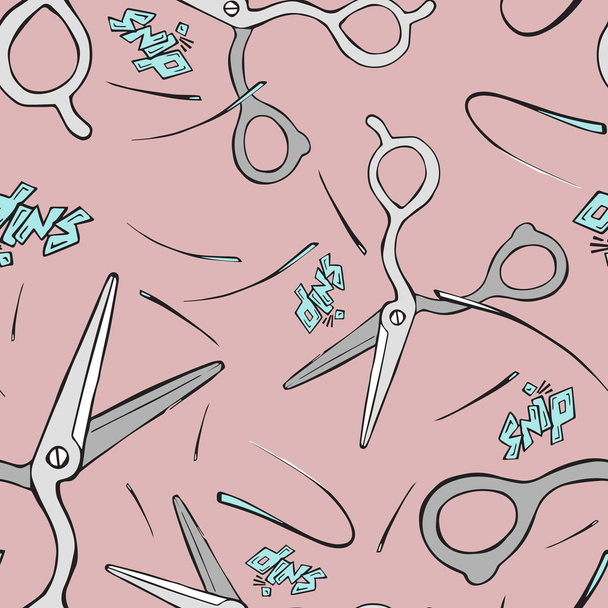 Seamless pattern of hairdresser scissors cutting hair on pink ba - Photo, Image