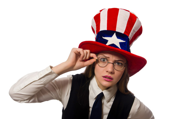 Γυναίκα που φοράει καπέλο με αμερικάνικα σύμβολα - Φωτογραφία, εικόνα