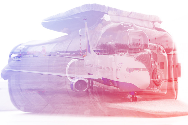 Double exposure: carrying case for the camera and an aircraft. Business and travel concept. Vintage style filtered picture - Photo, Image