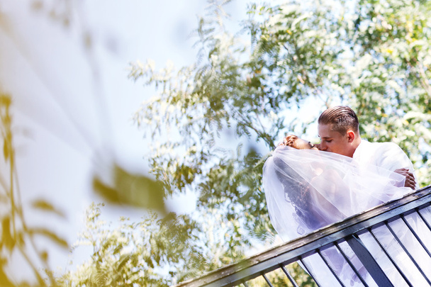 Beautiful bride and groom celebrating their wedding day in the park - Fotografie, Obrázek