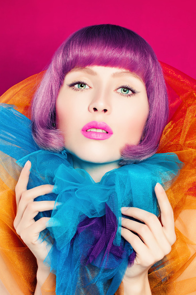 Cute Woman with Coloring Hair.Colorful Fashion Portrait - 写真・画像