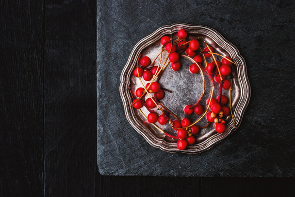 Red berries sprig in the vintage metal plate on the black stone - 写真・画像