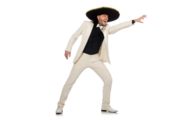Zabawny meksykańskie w garnitur i sombrero na białym tle - Zdjęcie, obraz
