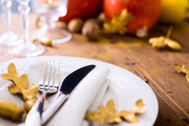 Art happy thanksgiving dinner; Autumn table setting with pumpkin - Photo, Image