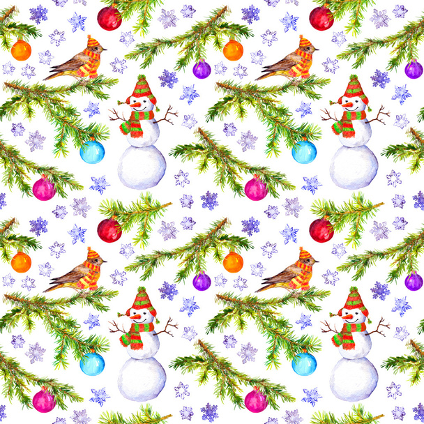 Christmas tree branch, snowman and bird pattern. Watercolor - Valokuva, kuva