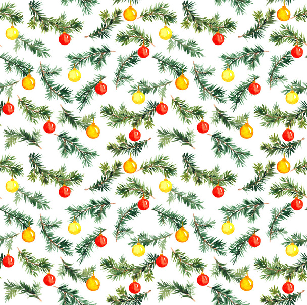 Xmas, new year decor on spruce tree branch. Watercolor pattern - Valokuva, kuva