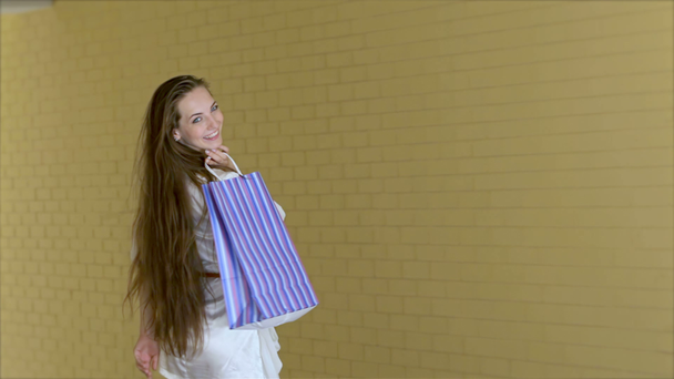 Mladá veselá dívka shopaholic pózování s nákupní taškou - Záběry, video