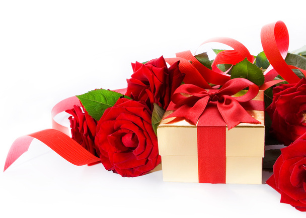 Art Valentine Day golden gift box and red roses on a white backg - Photo, Image