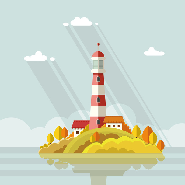 Seascape. Lighthouse on the island on a background of clouds. Fl - Vetor, Imagem