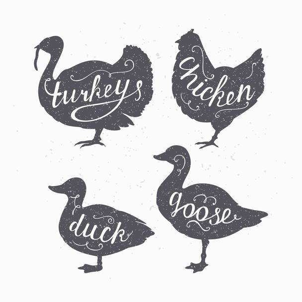 Set of hand drawn hipster style farm birds silhouettes. Chicken, turkey, goose, duck meat lettering - Vecteur, image