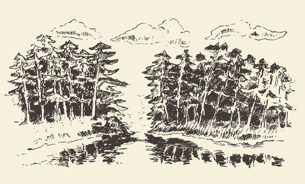 Lago paisaje dibujado a mano y abeto vector forestal
 - Vector, Imagen