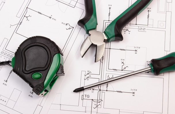 Work tools on electrical construction drawing of house - Photo, Image