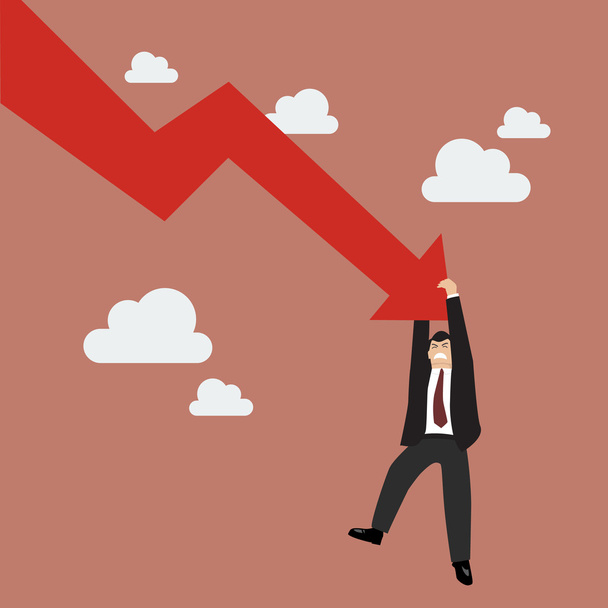 Businessman try hard to hold on falling graph down - Vector, Image