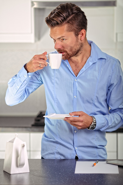 businessman in a man's shirt with coffee - Photo, Image