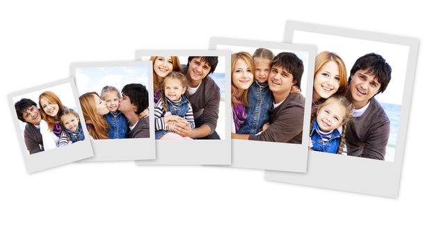 秋の浜の若い家族の写真をコラージュします。w で写真 - 写真・画像