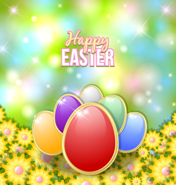 Easter eggs on the bed of flowers - Vetor, Imagem