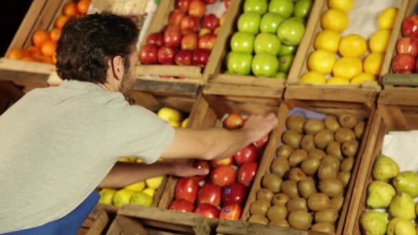 Verkäufer bringt Äpfel in Ordnung - Filmmaterial, Video